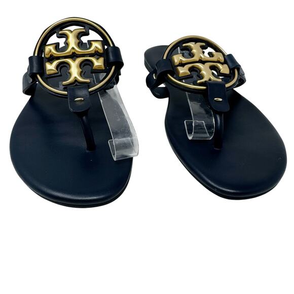 TORY BURCH Metal Miller Sandals in Navy Blue Gold Flip Flops Slides Size 7 - Picture 3 of 7
